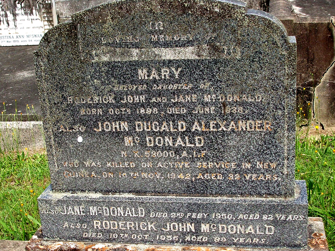 Photo of headstones/Roderick John McDonald d1956 hdstn Maclean cem NSW